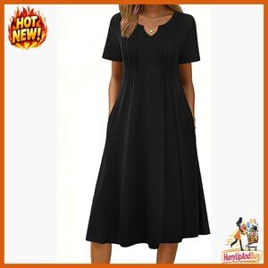 A-Line Midi Dress Casual Short Sleeve Pleated Flowy Summer Sundress with Pocket